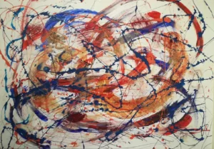 Tecnica mista su tela, action painting, cm. 100x70.