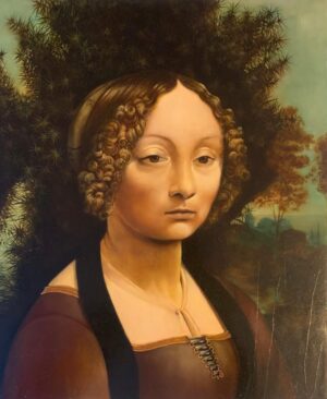 Ritratto di Ginevra de' Benci, olio su tavola (38,8x36,7 cm) di Leonardo da Vinci. Copia su tavola, rapporto 1:1, del pittore Montini.